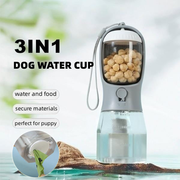 3-in-1 Portable Dog Water Bottle Cup – Drinking, Food & Waste Bag Dispenser for Pets