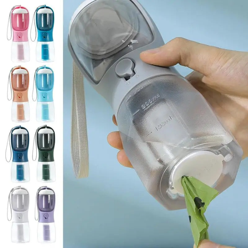 3-in-1 Portable Dog Water Bottle Cup – Drinking, Food & Waste Bag Dispenser for Pets