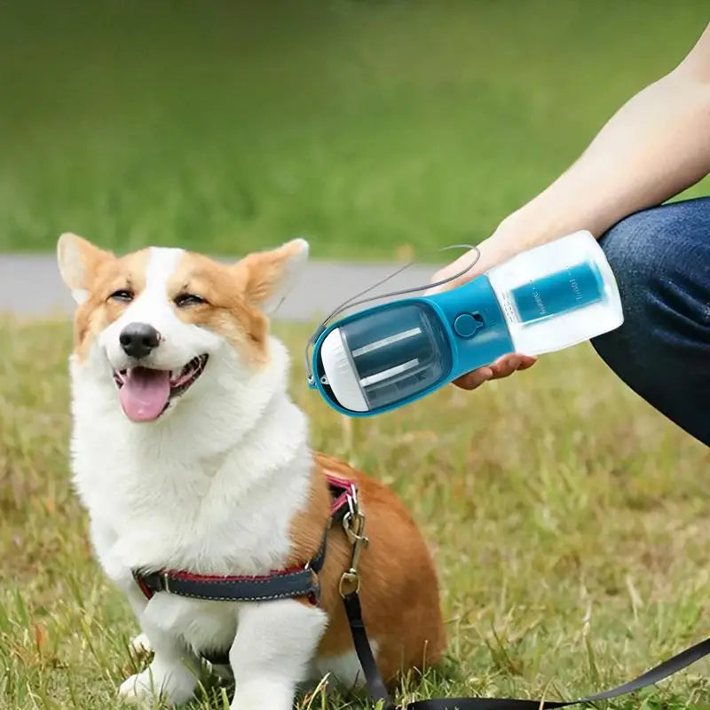 3-in-1 Portable Dog Water Bottle Cup – Drinking, Food & Waste Bag Dispenser for Pets