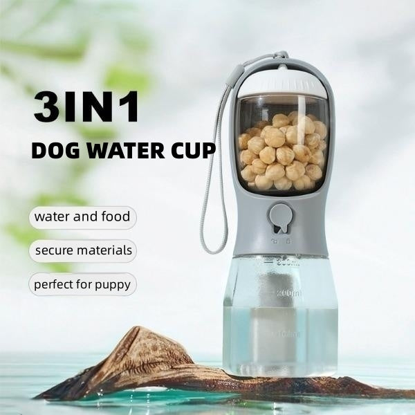 3-in-1 Portable Dog Water Bottle Cup – Drinking, Food & Waste Bag Dispenser for Pets